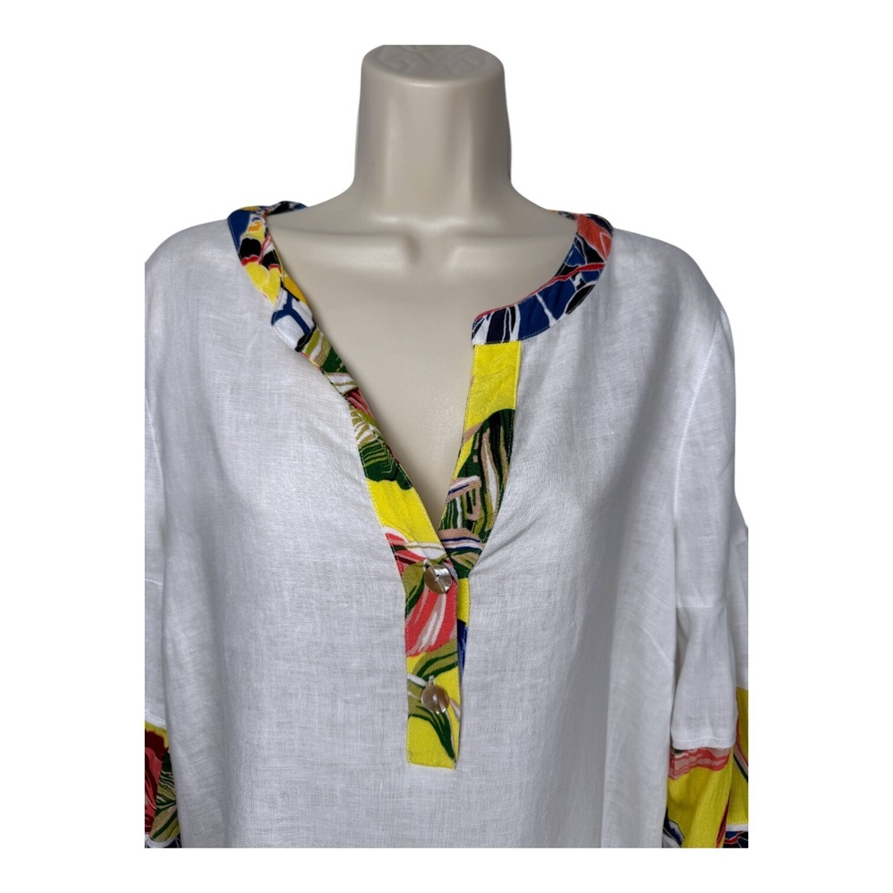 John Mark Linen Top Womens Medium White Tropical Floral 3/4 Sleeve Beach Summer - Picture 2 of 11